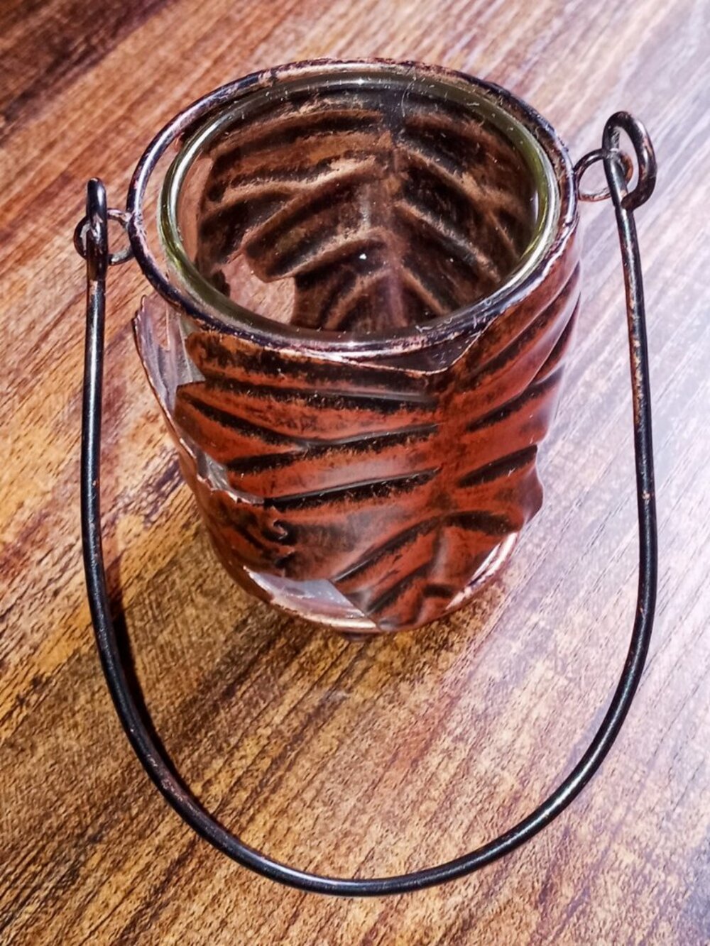 🍁Copper Glass Leaf Votive/Tealight Candle Holder Lantern Decor Hanging Rustic🍁 - Picture 7 of 14